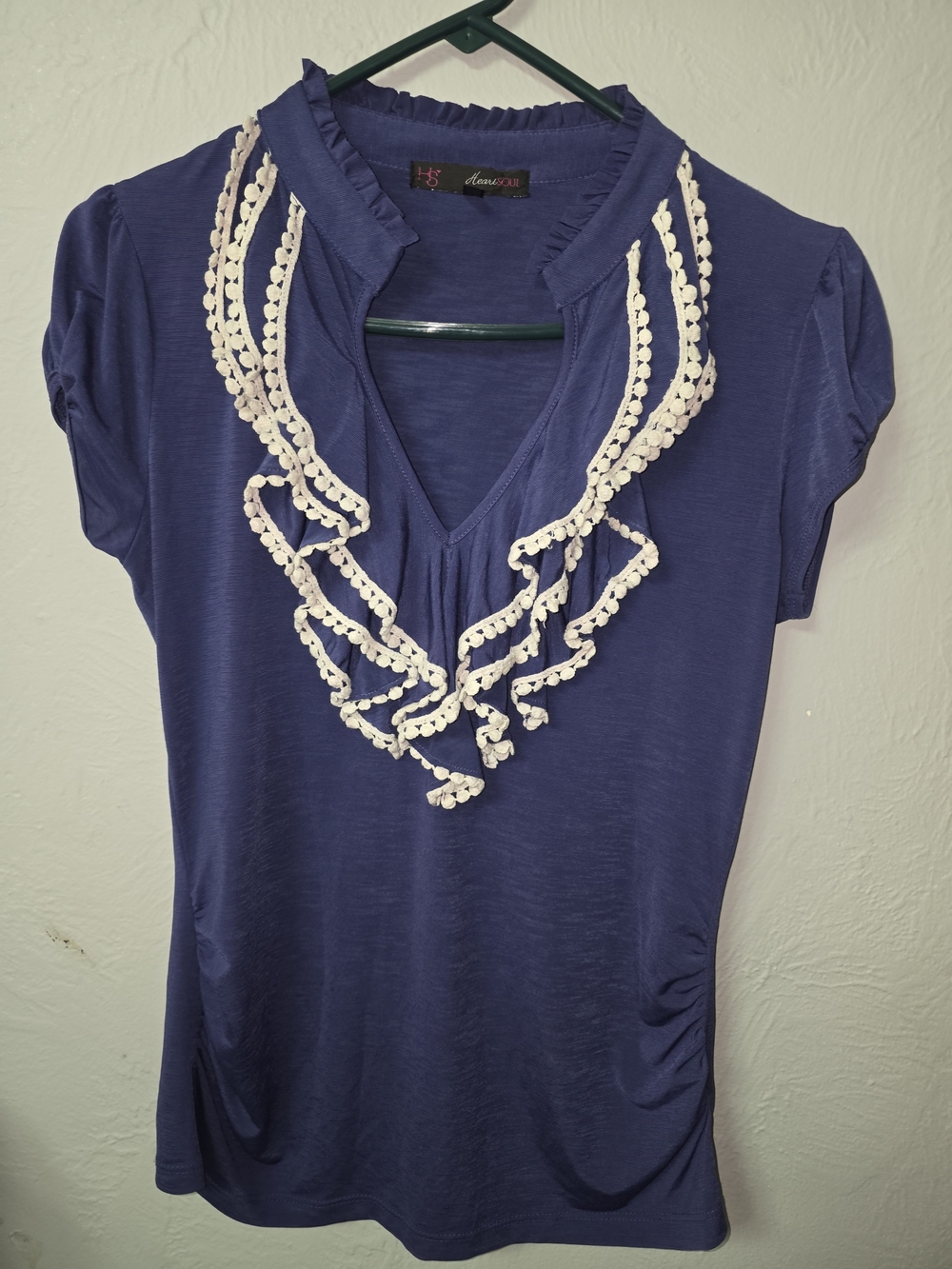 HeartSoul Deep Blue Short-Sleeve V-Neck Top with Cream Crochet Ruffle